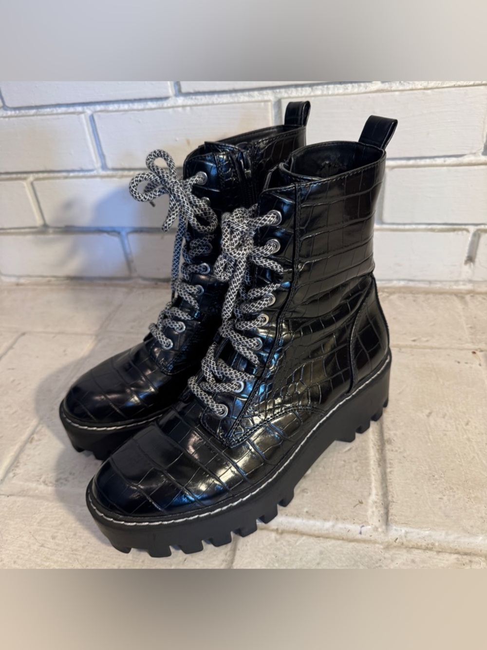 Zara Black Croc-Embossed Platform Combat Boots Size 40